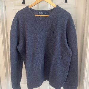 Polo Ralph Lauren XL Heather Blue V-Neck 100% Lambswool Sweater Navy Pony